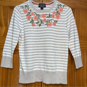 Land’s End Embroidered Striped Sweater 3/4 Sleeves Size Small
